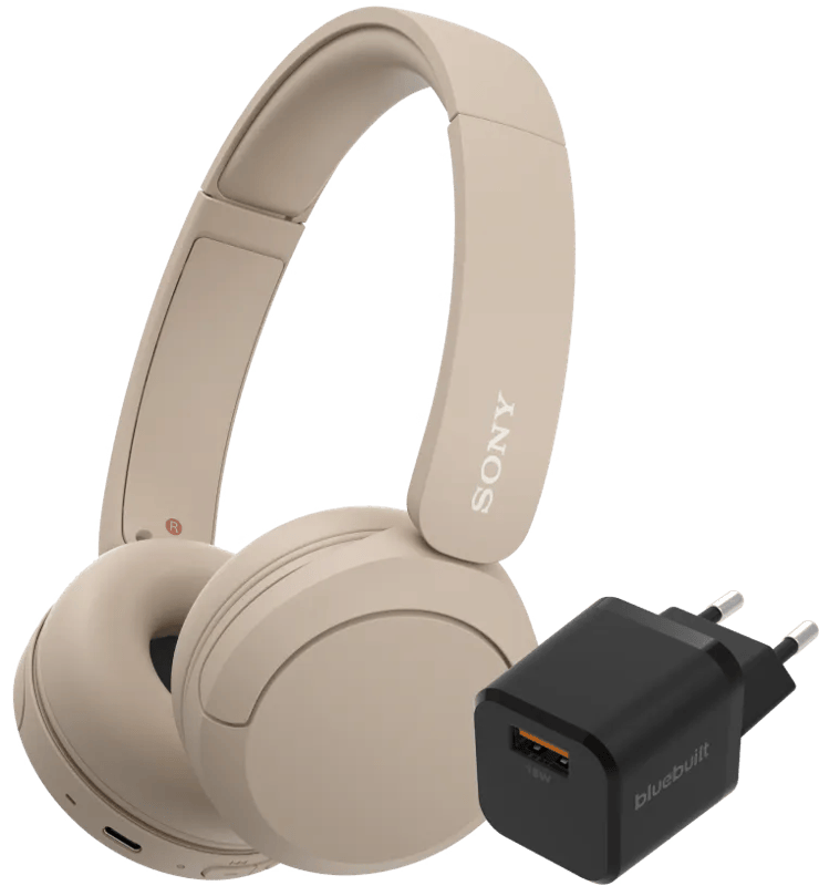 Sony WH-CH520 Crème + BlueBuilt Quick Charge Oplader met Usb A Poort 18W Zwart