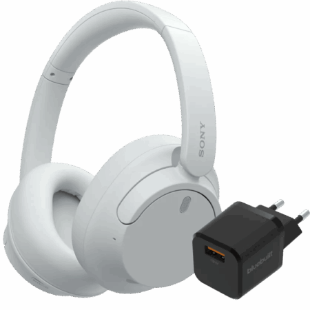 Sony WH-CH720N Wit + BlueBuilt Quick Charge Oplader met Usb A Poort 18W Zwart