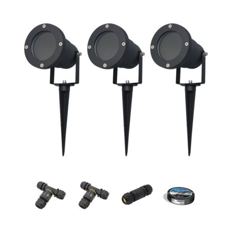 Sydney - 3x Prikspot XL - Aluminium - Zwart - IP65 waterdicht - Geschikt voor GU10 spot - 20 watt - Inclusief installatiemateriaal (Kabel & connector) | HOFTRONIC