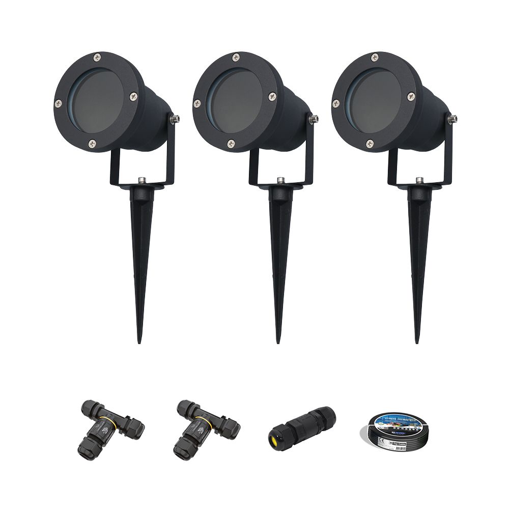 Sydney - 3x Prikspot XL - Aluminium - Zwart - IP65 waterdicht - Geschikt voor GU10 spot - 20 watt - Inclusief installatiemateriaal (Kabel & connector) | HOFTRONIC