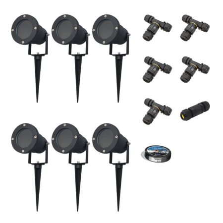 Sydney - 6x Prikspot XL - Aluminium - Zwart - IP65 waterdicht - Geschikt voor GU10 spot - 20 watt - Inclusief installatiemateriaal (Kabel & connector) | HOFTRONIC