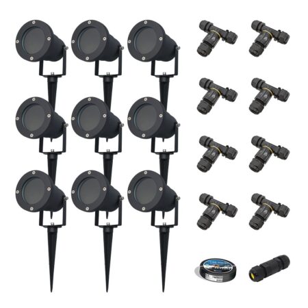 Sydney - 9x Prikspot XL - Aluminium - Zwart - IP65 waterdicht - Geschikt voor GU10 spot - 20 watt - Inclusief installatiemateriaal (Kabel & connector) | HOFTRONIC