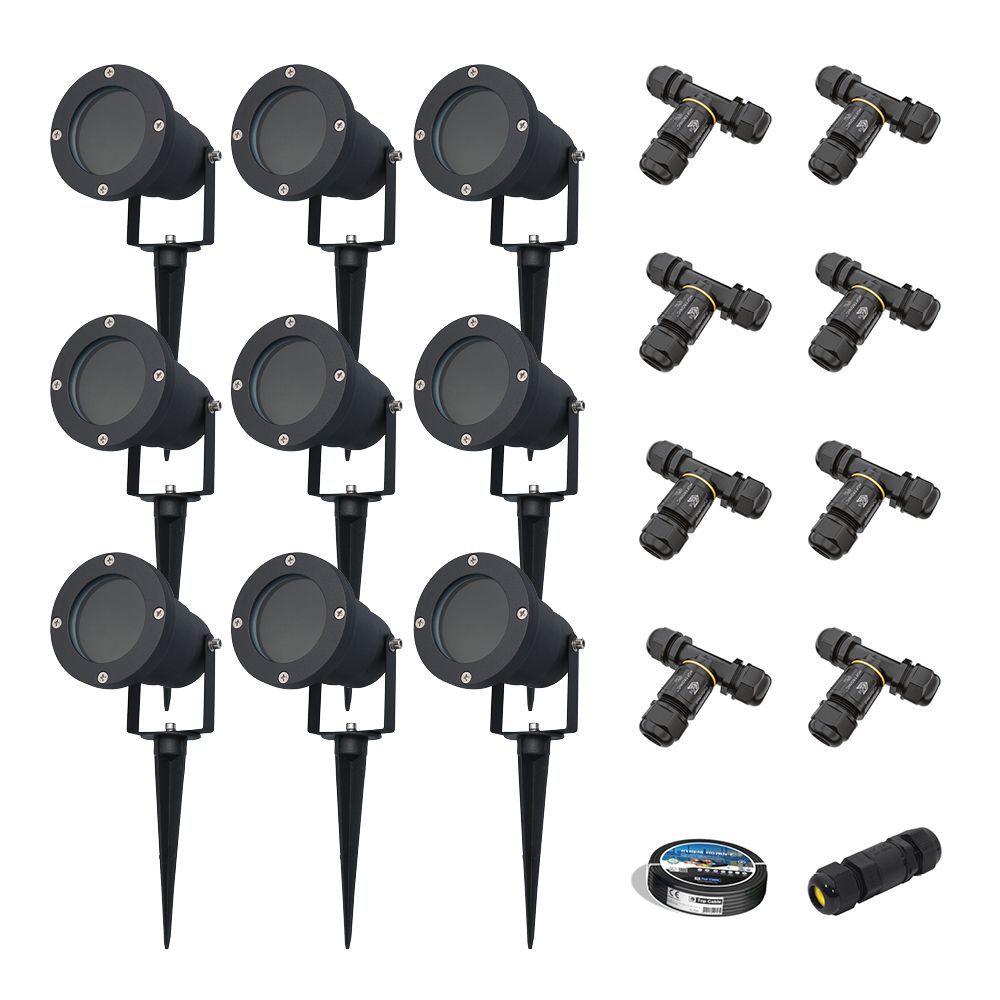 Sydney - 9x Prikspot XL - Aluminium - Zwart - IP65 waterdicht - Geschikt voor GU10 spot - 20 watt - Inclusief installatiemateriaal (Kabel & connector) | HOFTRONIC
