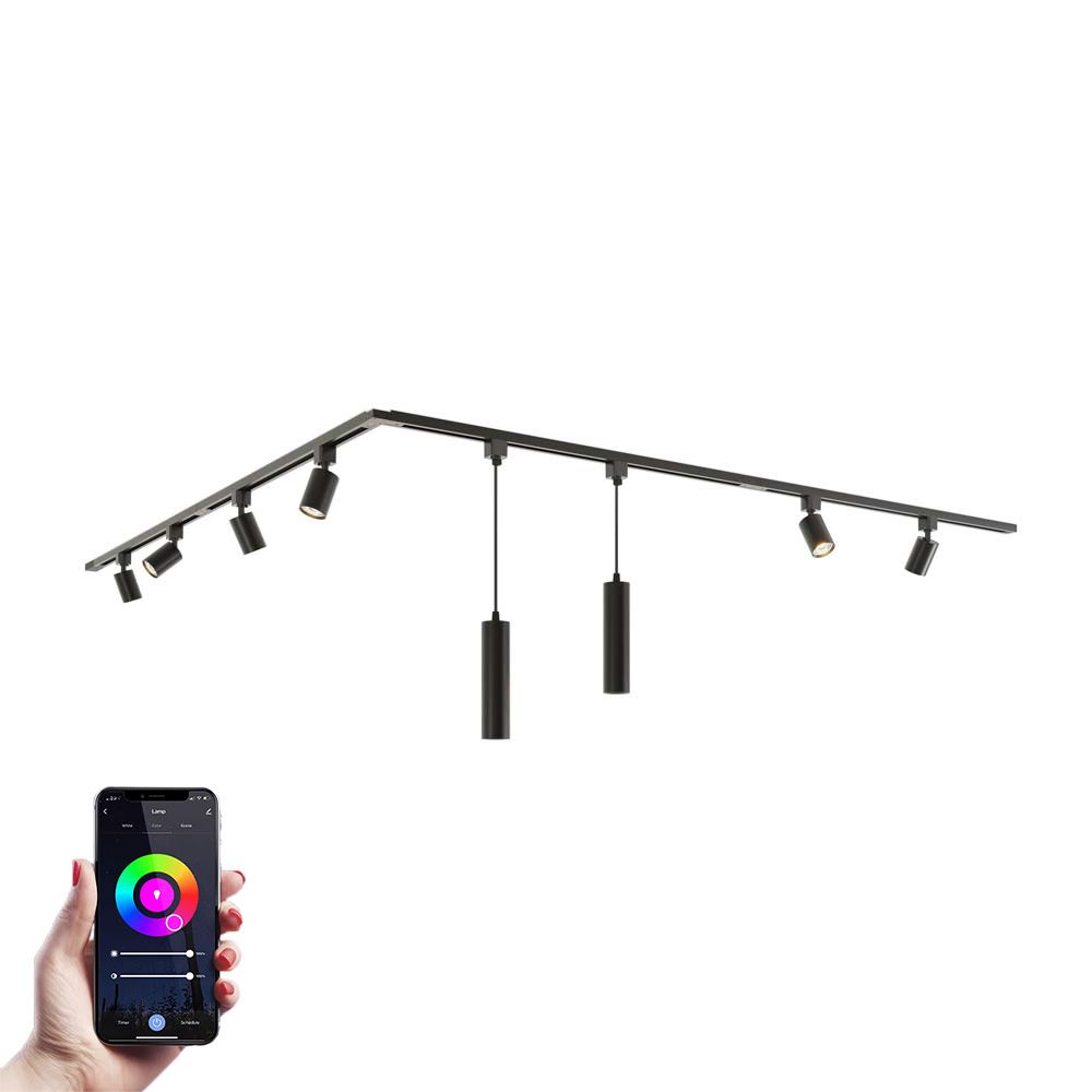 Taros Railverlichting Pakket - L-vorm - 4x 1 m rail - 6 railspots - 2 hanglamp - Incl. RGBWW GU10 - IP20 - Modulair - 230V | HOFTRONIC
