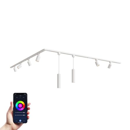 Taros Railverlichting Pakket Wit - L-vorm - 4x 1 m rail - 6 railspots - 2 hanglamp - Incl. RGBWW GU10 - IP20 - Modulair - 230V | HOFTRONIC