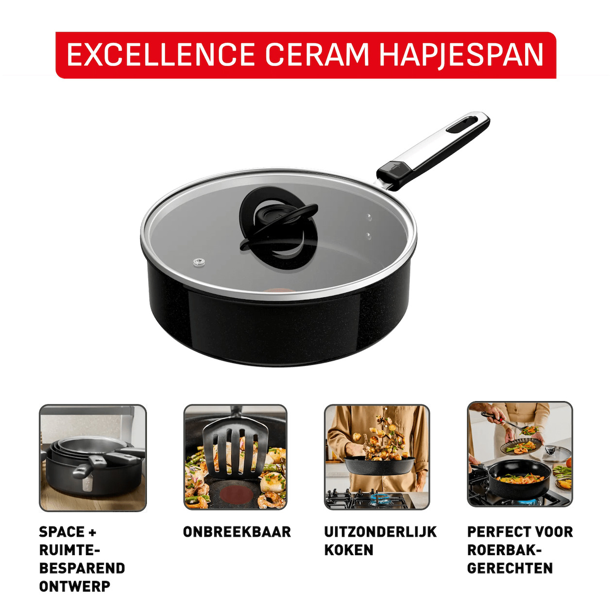 Tefal G20732 Excellence Ceramic Hapjespan 24 cm + deksel Pan Zwart | Tefal