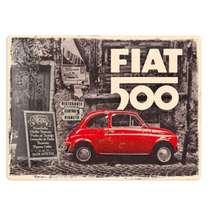 Tinnen Bord 30 x 40 Fiat 500 - Red car in the street | Fiftiesstore