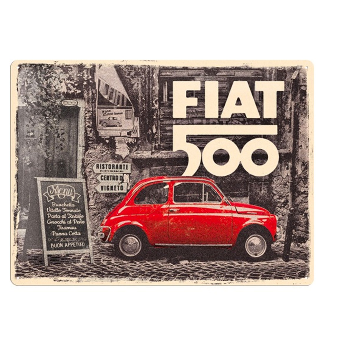 Tinnen Bord 30 x 40 Fiat 500 - Red car in the street | Fiftiesstore