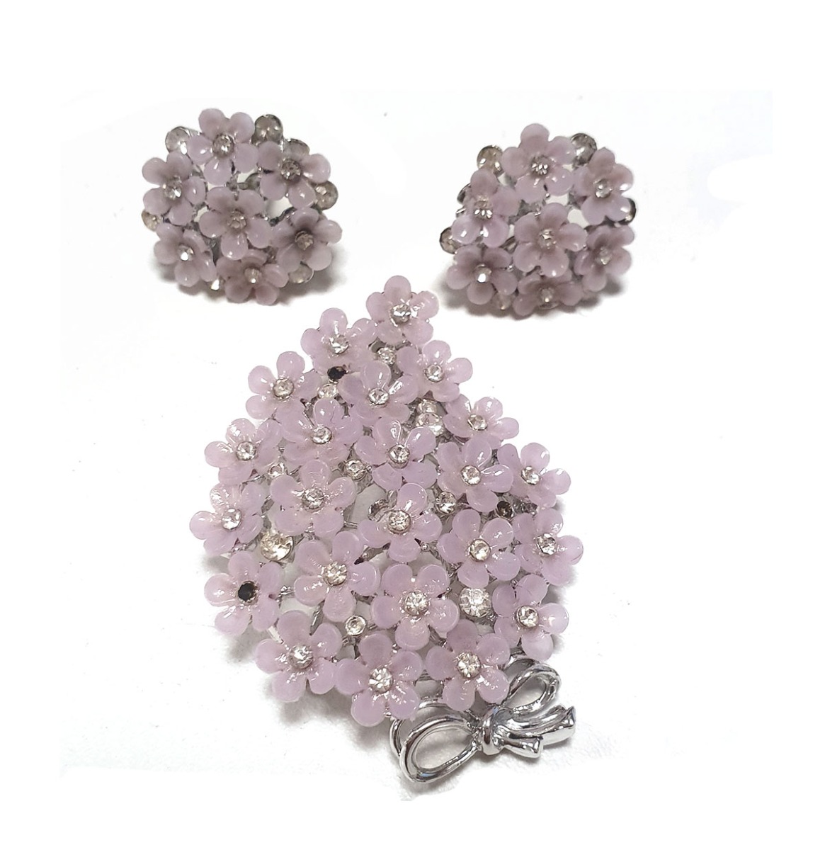 True Vintage 3 pc Set Broche & Oorbellen Lila Bloesem Zilver | Fiftiesstore