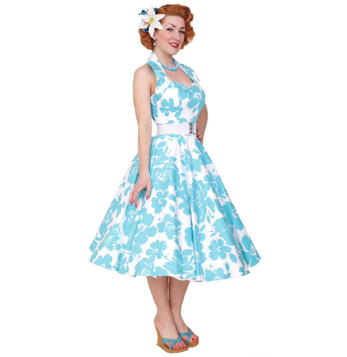 Turquoise Floral Dress White-34 (NL)/ 8 (UK) | 35% korting | Vivien of Holloway