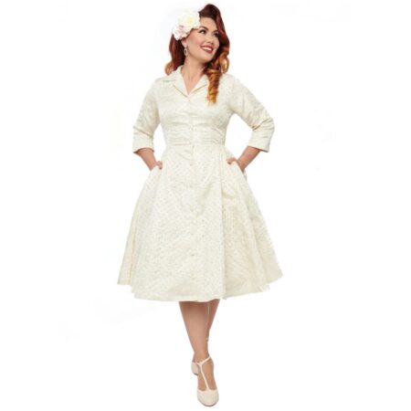 Unique Vintage Brocade Swing Dress Ivory Gold-S | Unique Vintage