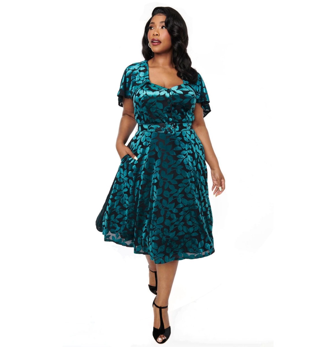 Unique Vintage Capelet Swing Dress Velvet Teal Black-L | Fiftiesstore
