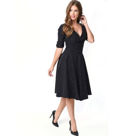 Unique Vintage Delores Dress Black / White Dot-M | 17% korting | Unique Vintage