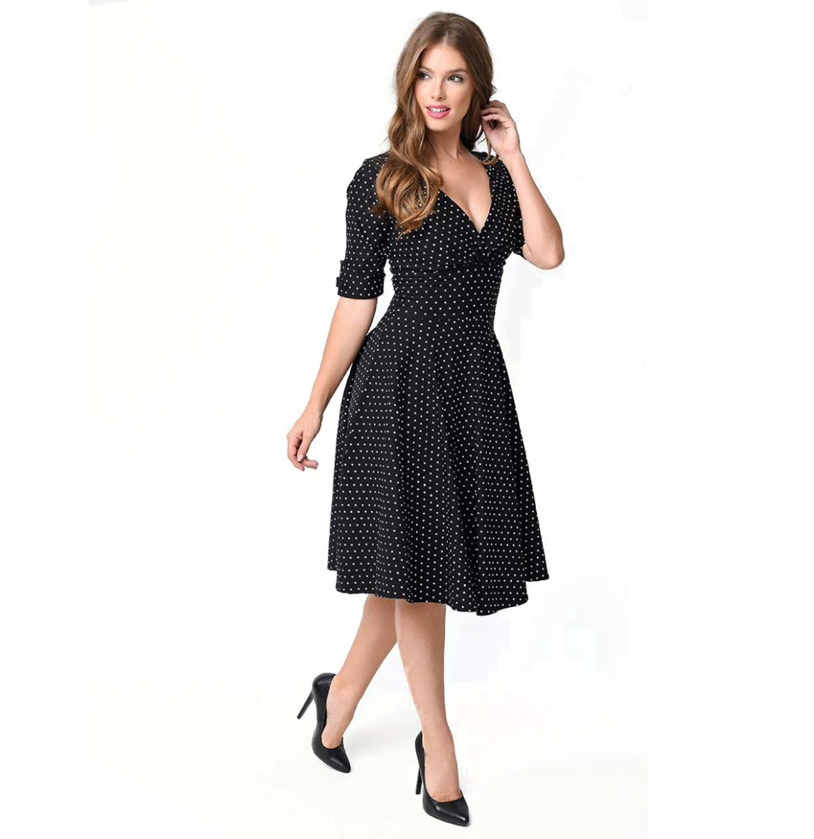 Unique Vintage Delores Dress Black / White Dot-M | 17% korting | Unique Vintage