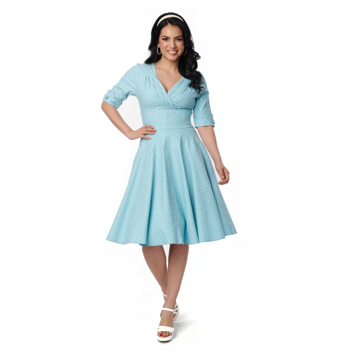 Unique Vintage Delores Swing Dress Pin Dot Pale Blue -XL | Unique Vintage