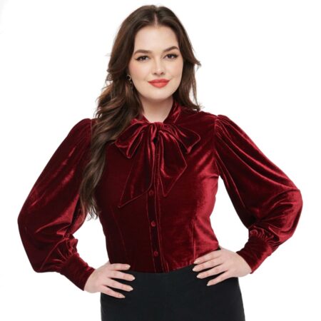 Unique Vintage Gwen Blouse Tie Neck Velvet Merlot-S | Fiftiesstore
