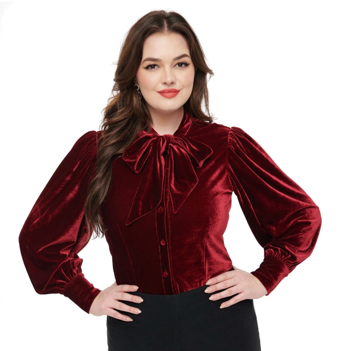 Unique Vintage Gwen Blouse Tie Neck Velvet Merlot-S | Fiftiesstore