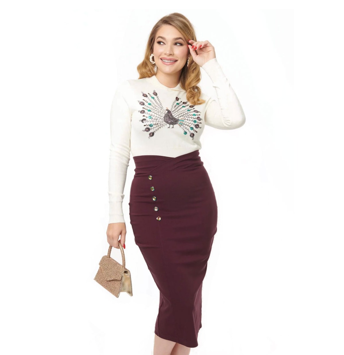 Unique Vintage High Waist Wiggle Skirt Eggplant Purple-M | Unique Vintage