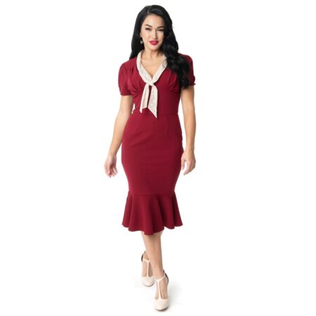 Unique Vintage Holloway Wiggle Dress Burgundy-L | Fiftiesstore