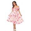 Unique Vintage Of the Shoulder Ruffle Swing Dress Floral Pink-XXL | Unique Vintage