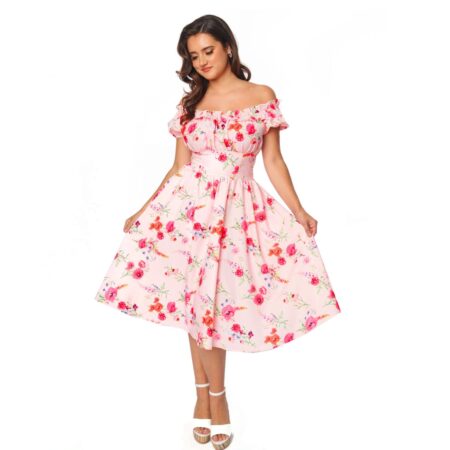 Unique Vintage Of the Shoulder Ruffle Swing Dress Floral Pink-XXL | Unique Vintage