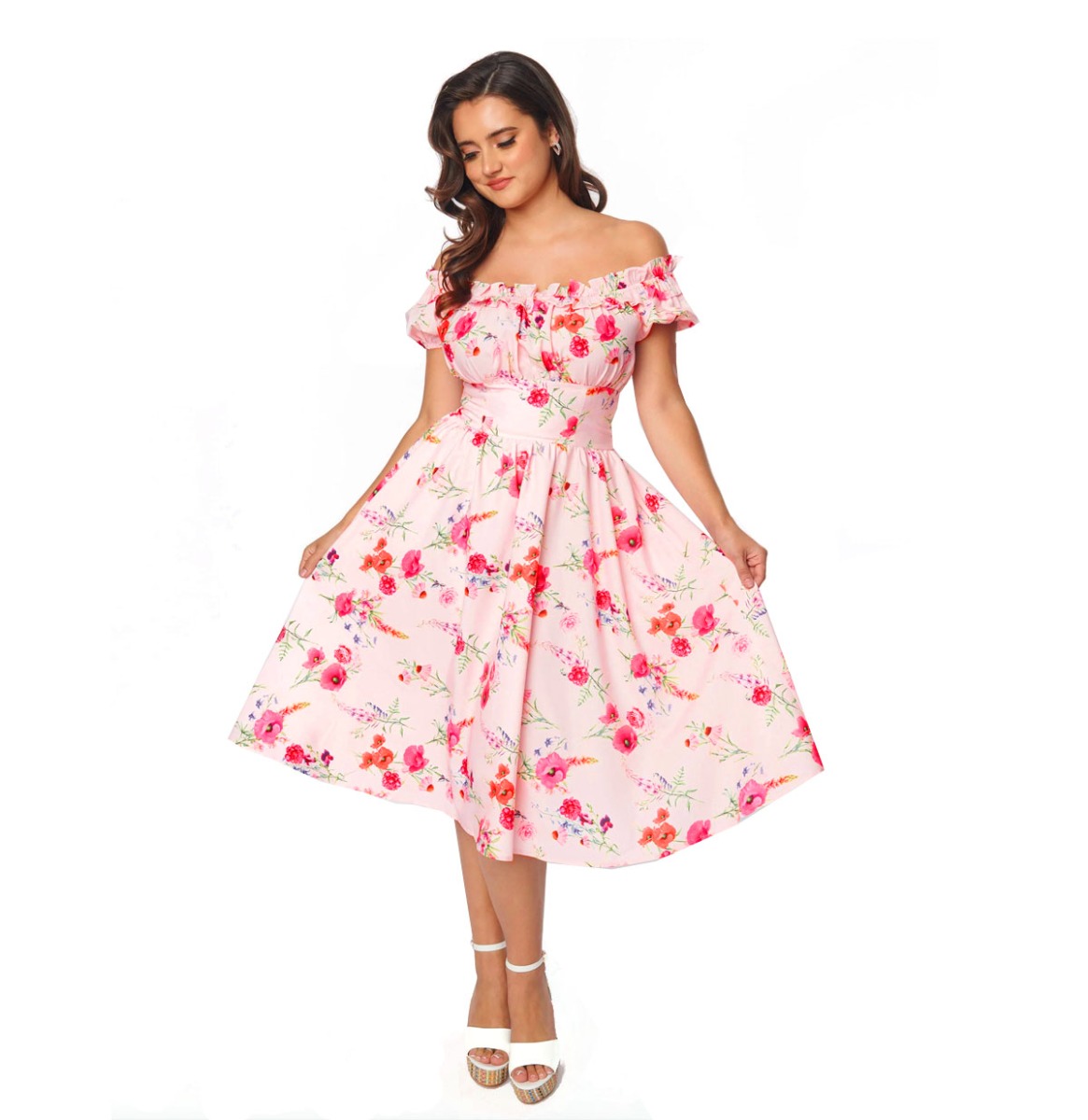Unique Vintage Of the Shoulder Ruffle Swing Dress Floral Pink-XXL | Unique Vintage