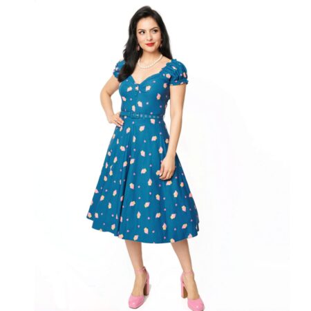 Unique Vintage Ohara Cupcake Stamp Swing Dress Teal-L | Unique Vintage