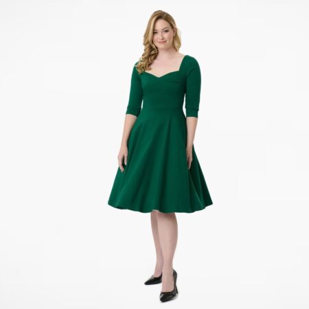 Unique Vintage Pleated Bust Swing Dress Emerald Green-XXXXL | Fiftiesstore