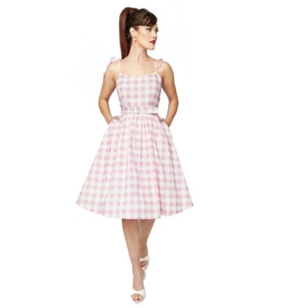 Unique Vintage Spaghetti Tie Swing Dress Gingham Pink-XL | Unique Vintage