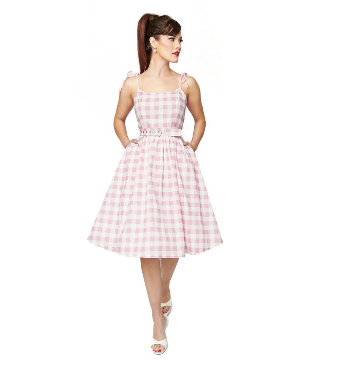 Unique Vintage Spaghetti Tie Swing Dress Gingham Pink-XL | Unique Vintage