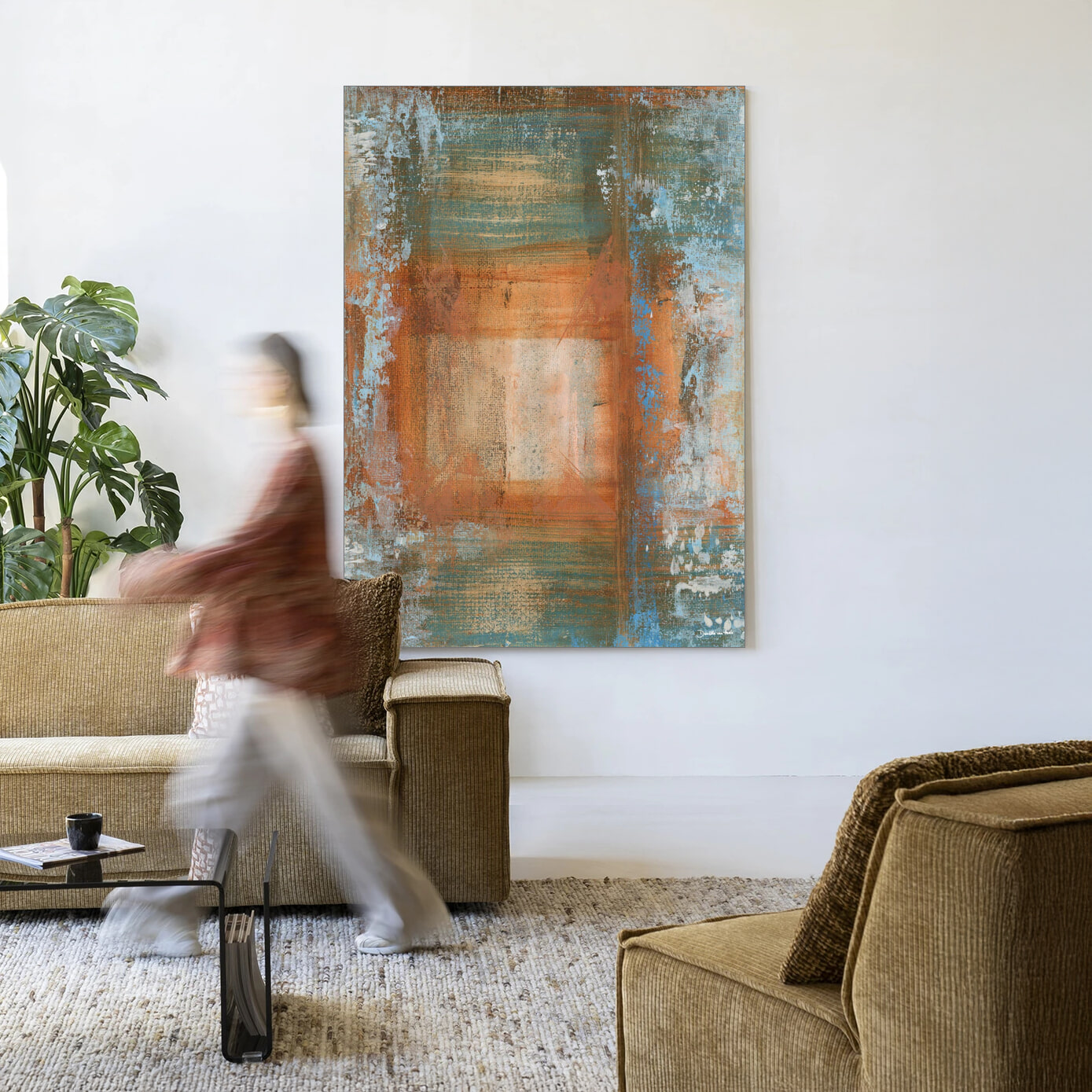 Urban Cotton Wandkleed 'Blue Ocker Abstract 1' 110 x 145cm in Frame - black | Urban Cotton