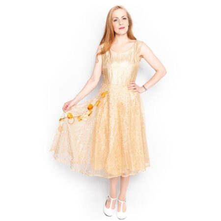 Vintage 1950s Gouden Bloemen Jurk - XL | Fiftiesstore