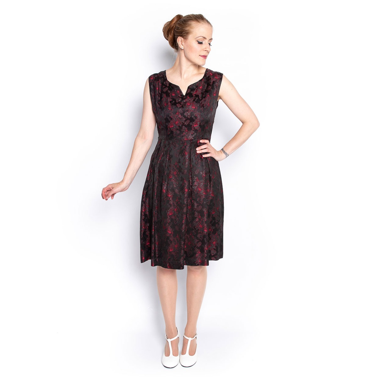 Vintage 1960s Jurk Zwart Rood Zilver - XL | Fiftiesstore