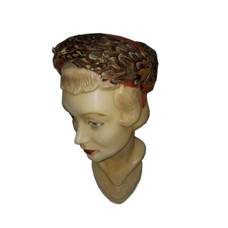 Vintage Hat Orange Velvet Brown Feathers | 15% korting | Fiftiesstore
