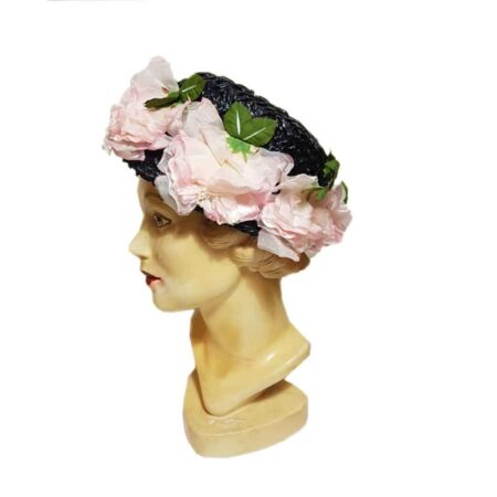 Vintage Hat Straw Black Flowers Pink | 15% korting | Fiftiesstore
