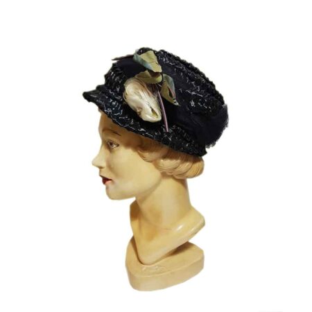 Vintage Hat Straw Tule Black Rose Ivory | Fiftiesstore