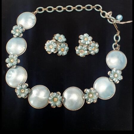 Vintage Set Ketting & Clip Oorbellen Strass Bloemen Zilver Blauw | Fiftiesstore