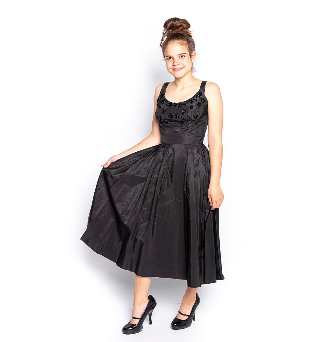 Vintage Zwarte Bloemen Jurk - XS | Fiftiesstore