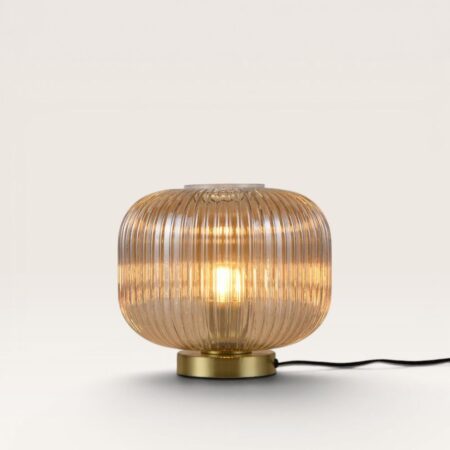Virello - Tafellamp Amber glas 25 cm - Lampenstandaard goud Metaal - Dressoir lamp - Vintage tafellamp - E27 fitting - Met aan/uit-schakelaar | LUSENZ