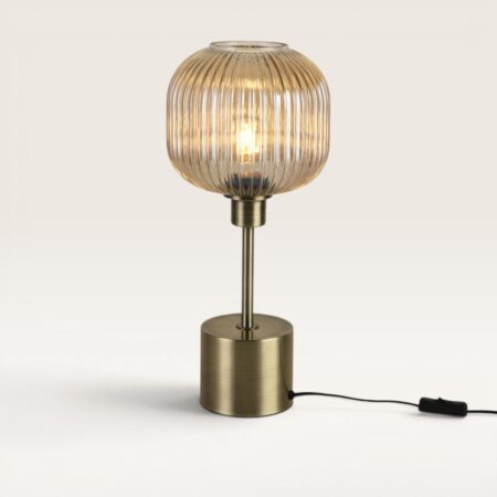 Virello - Tafellamp Amber glas 45 cm - Lampenstandaard goud Metaal - Vintage tafellamp - Dressoir lamp - E27 fitting - Met aan/uit-schakelaar | LUSENZ