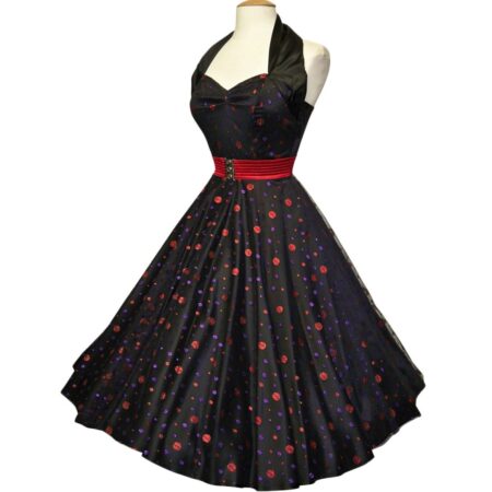 Vivien Of Holloway Halterneck Black Satin Dress With Glitter Purple & Red Dots Lace -XS | 44% korting | Vivien of Holloway