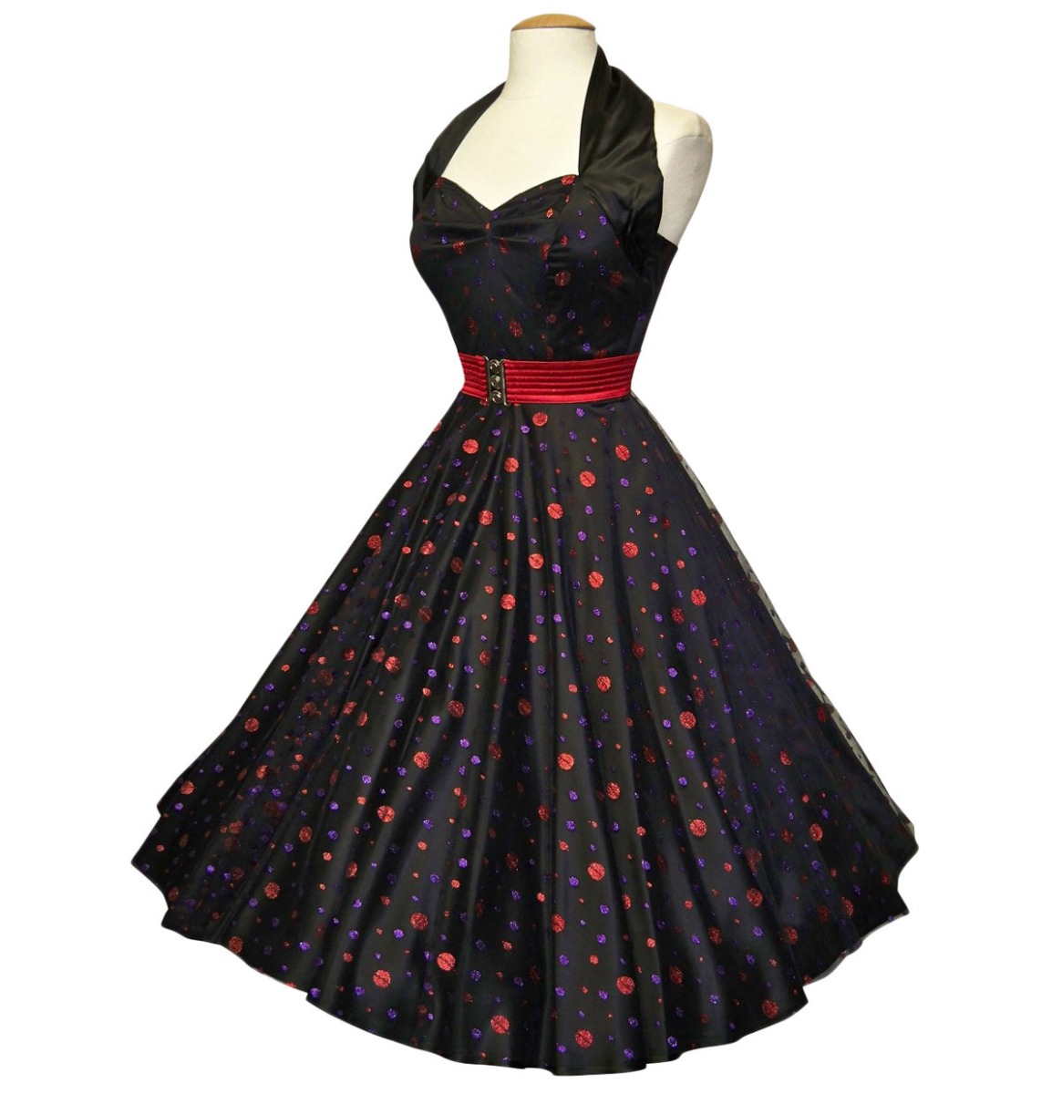 Vivien Of Holloway Halterneck Black Satin Dress With Glitter Purple & Red Dots Lace -XS | 44% korting | Vivien of Holloway