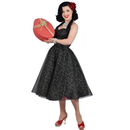 Vivien Of Holloway Halterneck Luxury Gold Star Noir Satin Dress-S | 36% korting | Vivien of Holloway