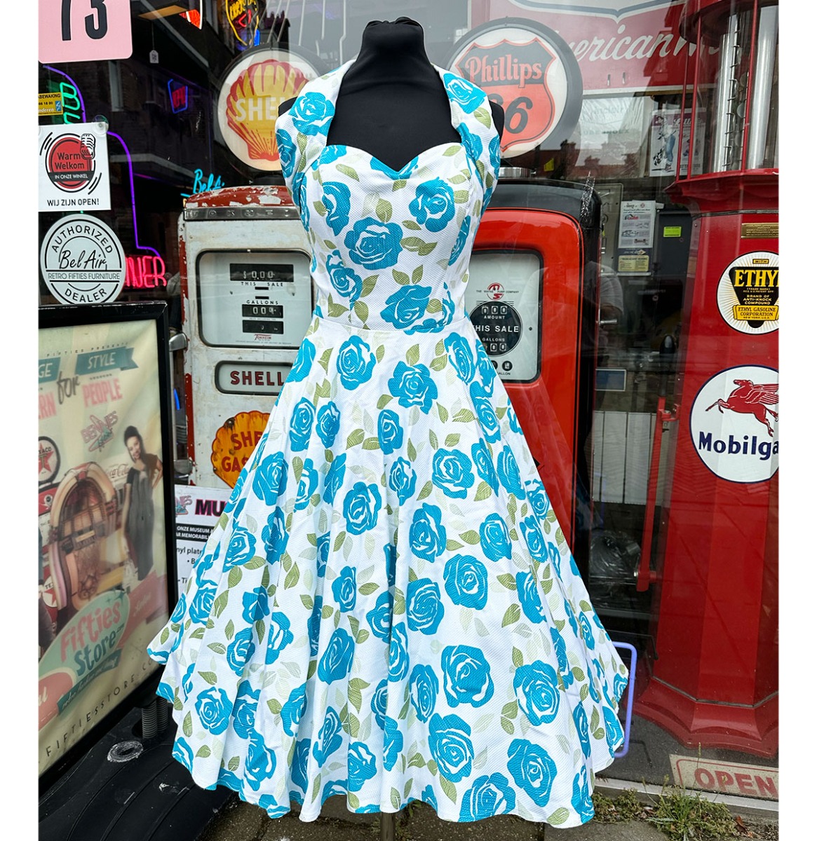 Vivien Of Holloway Halterneck Turquoise Roses Dress-XS | 26% korting | Vivien of Holloway