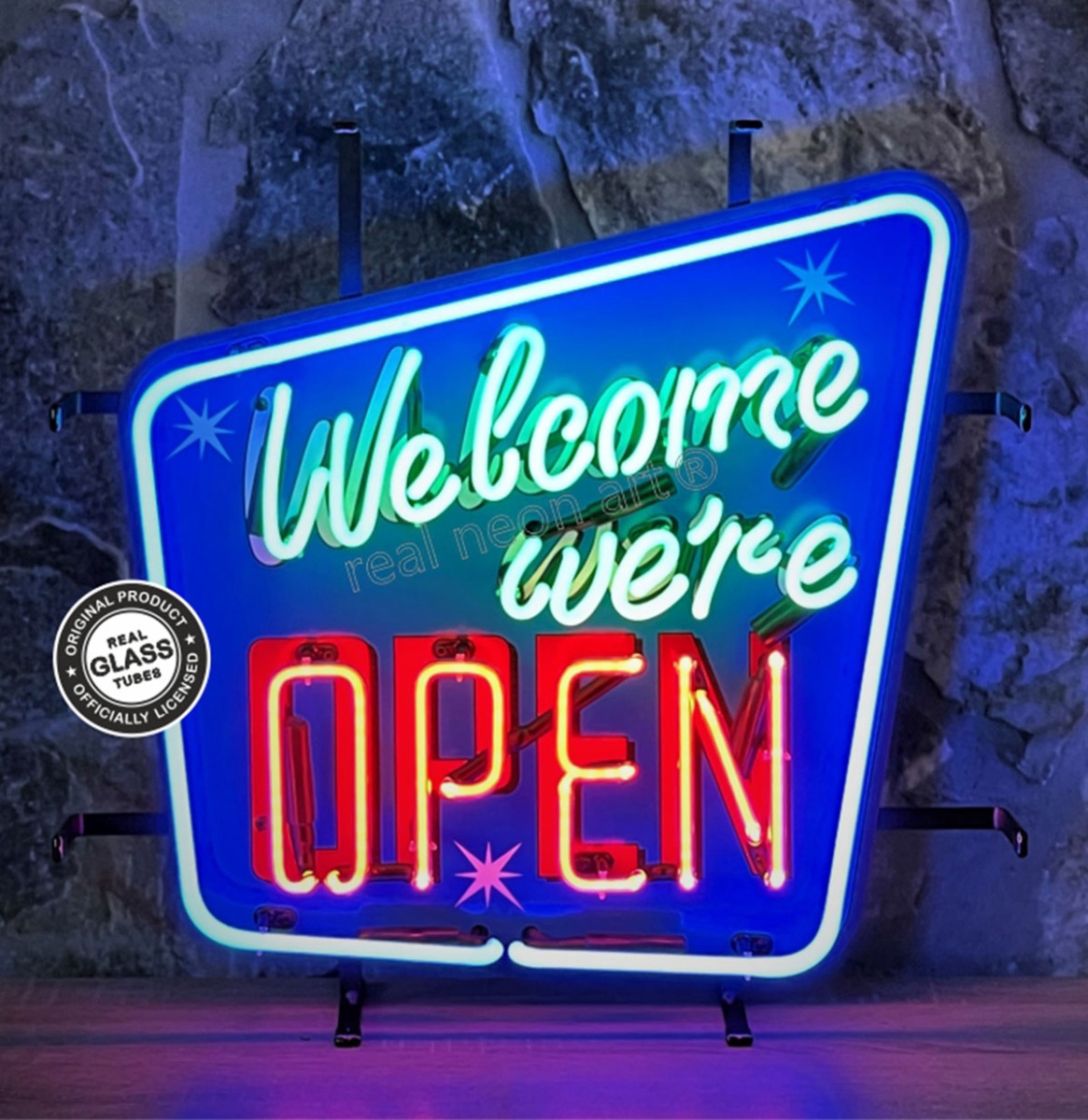 Welcome We're Open Neon Verlichting 50 x 48 cm - Blauw