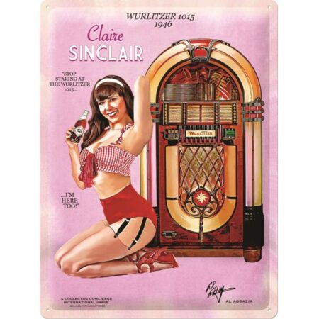 Wurlitzer 1015 Jukebox Pin-Up Claire Sinclair Metalen Bord 30 x 40 cm | Bennies Fifties