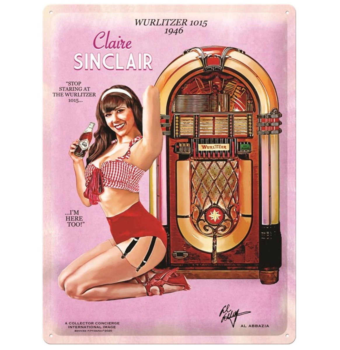 Wurlitzer 1015 Jukebox Pin-Up Claire Sinclair Metalen Bord 30 x 40 cm | Bennies Fifties