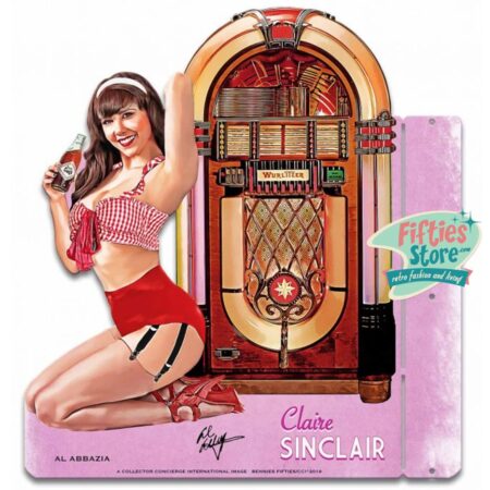 Wurlitzer 1015 Jukebox Pin-Up Claire Sinclair Zwaar Metalen Bord 43 x 46 cm 2-Zijdig Uithangbord | 21% korting | Bennies Fifties