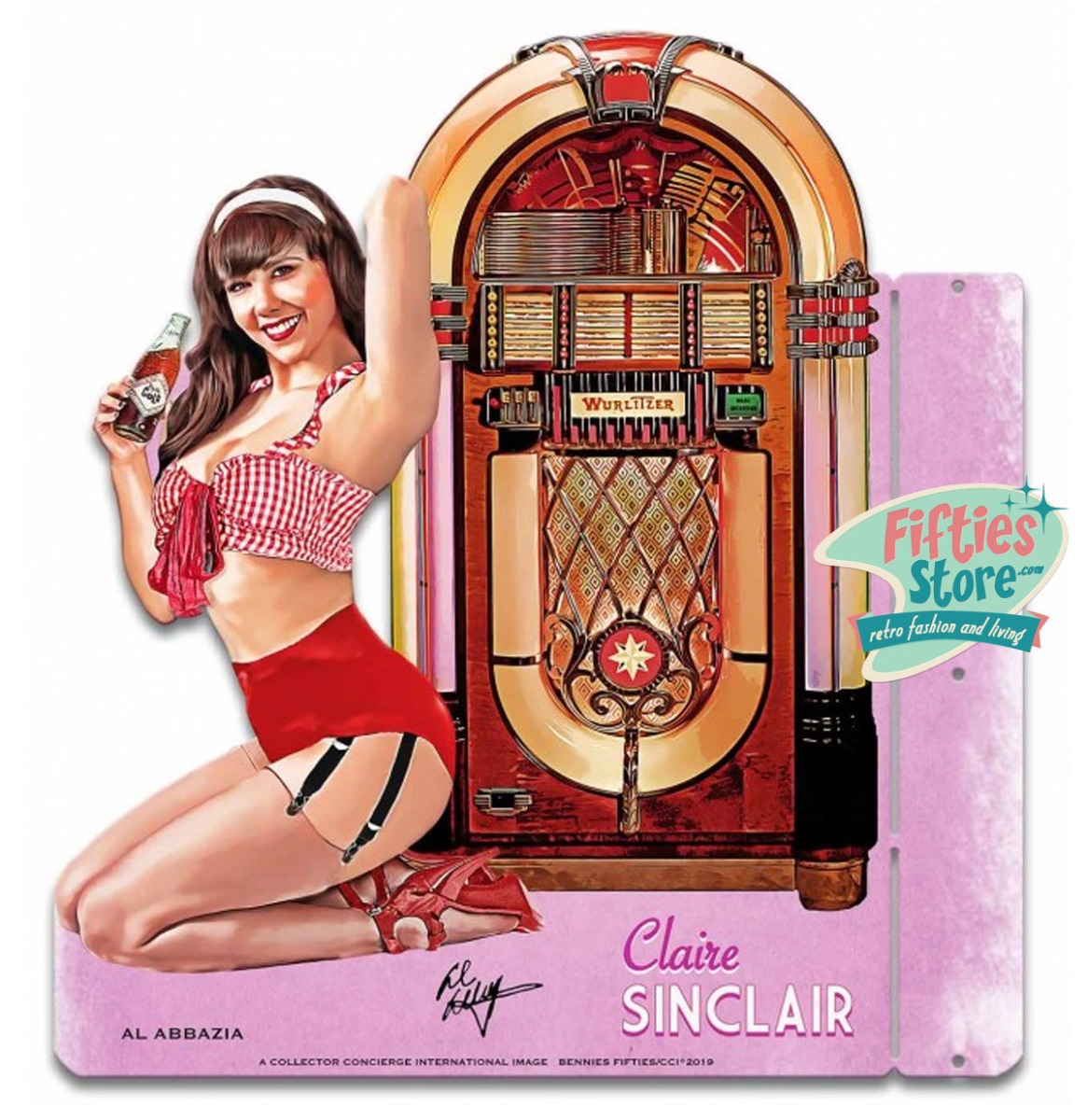 Wurlitzer 1015 Jukebox Pin-Up Claire Sinclair Zwaar Metalen Bord 43 x 46 cm 2-Zijdig Uithangbord | 21% korting | Bennies Fifties