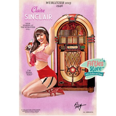 Wurlitzer 1015 Jukebox Pin-Up Claire Sinclair Zwaar Metalen Bord 92 x 61 cm | Bennies Fifties